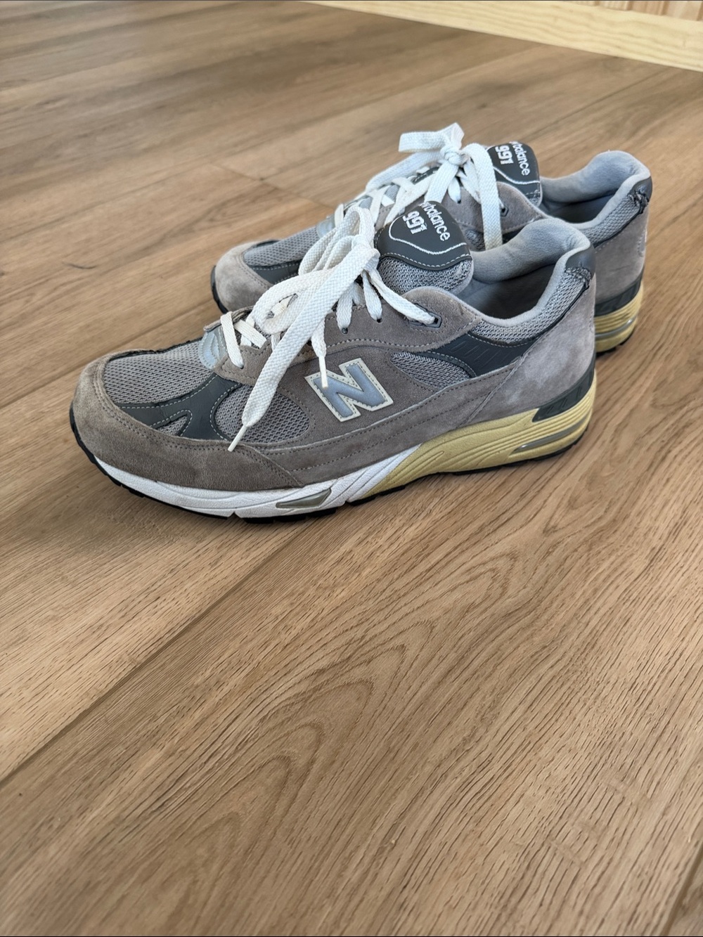New Balance Gray, White and Cream 991 Suede Mesh Sneakers
